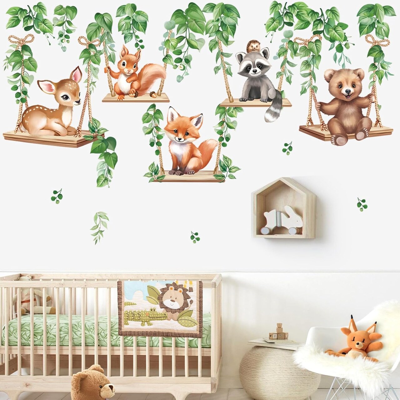 Woodland Animal on Swings Wall Stickers Baby Bear Deer Fox Leaves Peel
